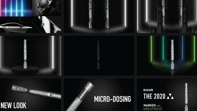 Storyboard slides for a DynaVap ad campaign titled "The 2020 M," with product renders and text cards