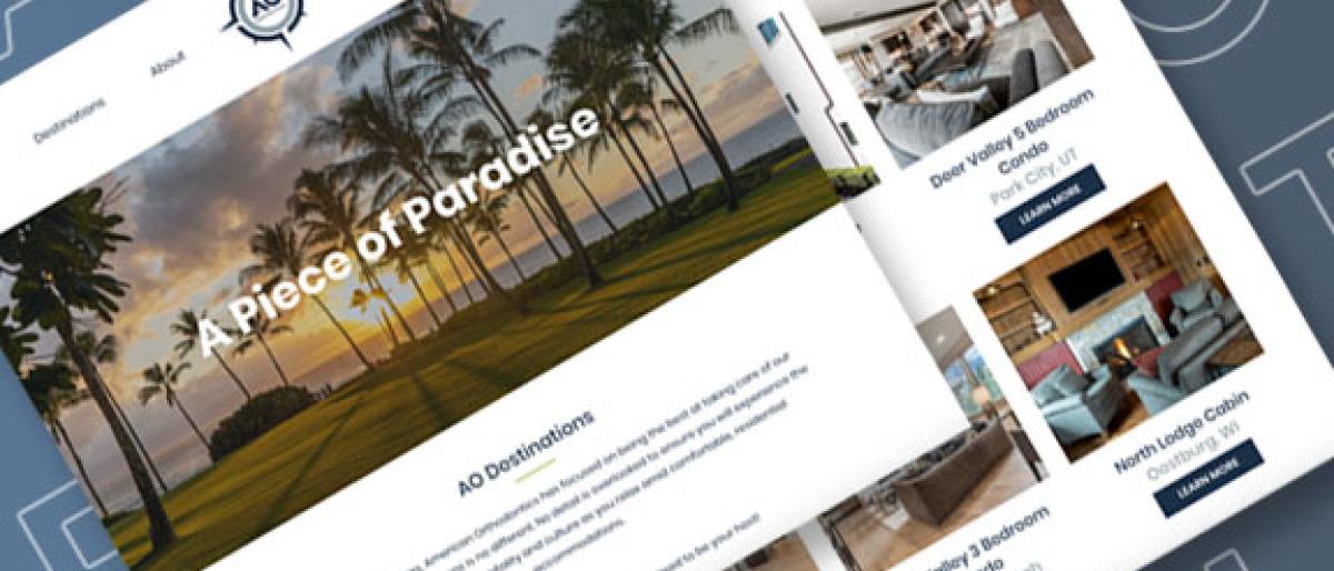 American Orthodontics AO Destinations vacation rental website with a beach resort photo