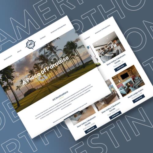 American Orthodontics AO Destinations vacation rental website with a beach resort photo