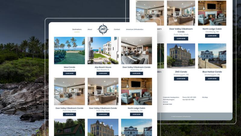 Screenshot of the American Orthodontics AO Destinations website showing vacation property listings