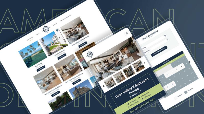 Tablet and phone mockups of AO Destinations condo listings and a booking page