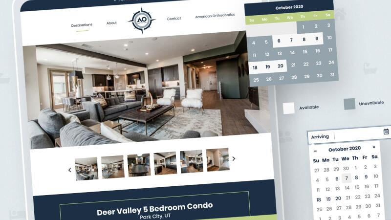 Tablet showing the AO Destinations vacation rental site with a booking calendar