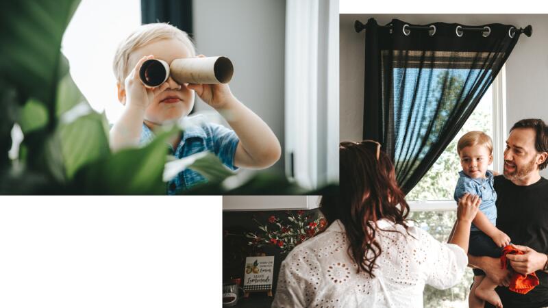 Collage of a toddler looking through cardboard-tube binoculars and a family by a window