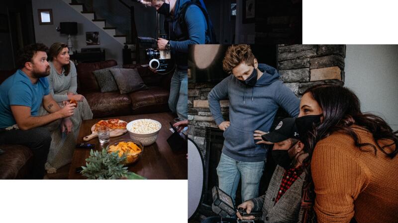 Behind-the-scenes video shoot split view: a couple on a couch being filmed, and a masked crew filming another scene