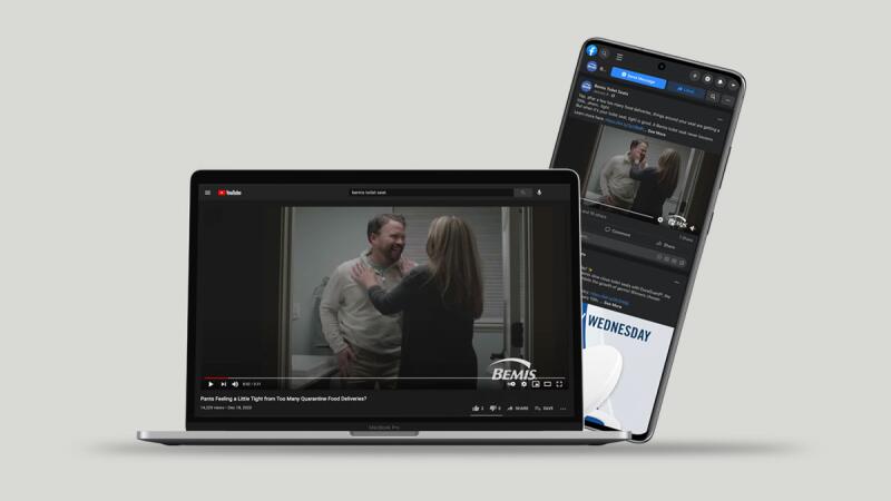 Laptop and phone showing a Bemis toilet-seat YouTube ad and Facebook post