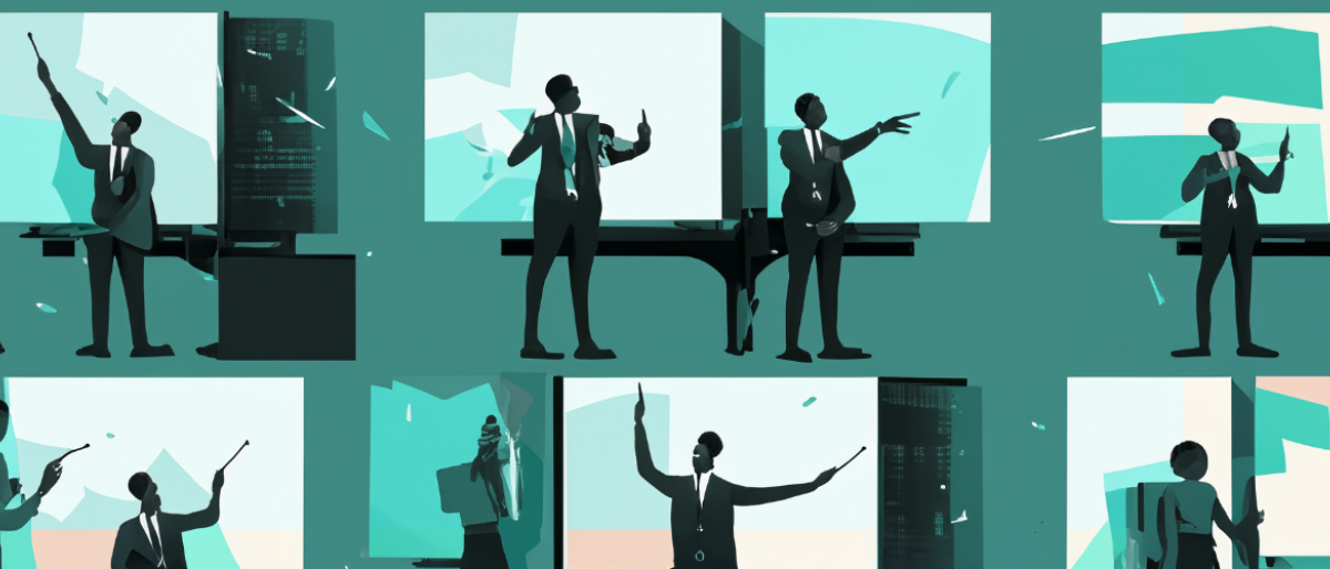 Stylized illustration of presenters pointing at screens