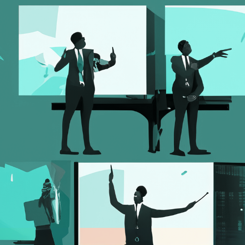 Stylized illustration of presenters pointing at screens