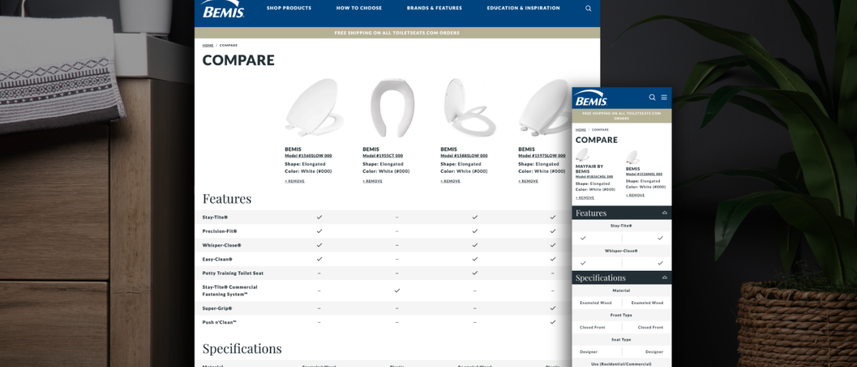 Bemis toiletseats.com product comparison page on desktop and mobile
