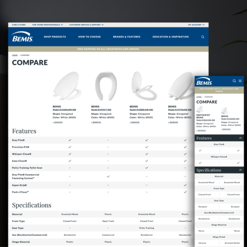 Bemis toiletseats.com product comparison page on desktop and mobile