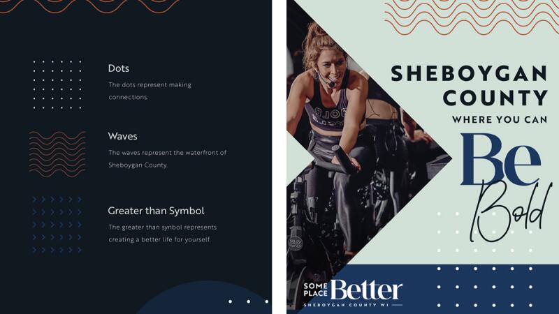Brand design-motif board explaining dots, waves, and arrow symbols next to a Sheboygan County tourism ad