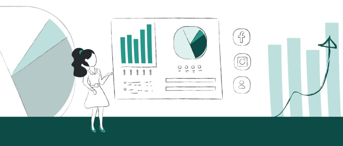 Illustration of a woman presenting marketing analytics charts and social media icons