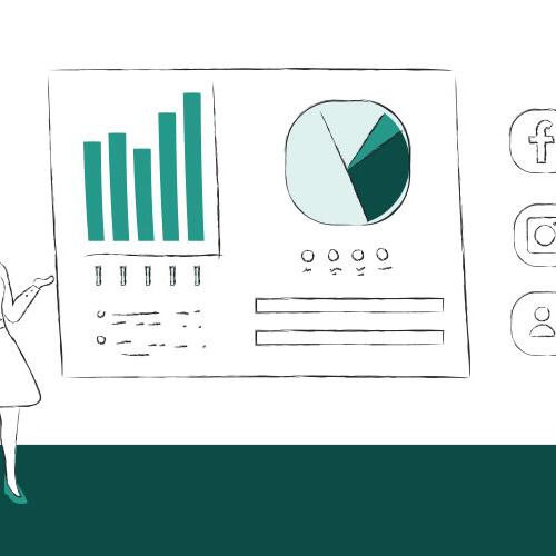 Illustration of a woman presenting marketing analytics charts and social media icons