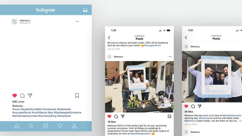 Instagram post mockups showing NUCU cookware promotions and event photos