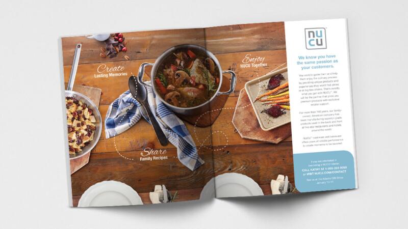 Open magazine spread advertising NUCU cookware with a table setting and stew pot
