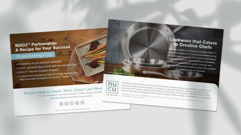 NUCU cookware direct mail postcards promoting a retailer partnership program