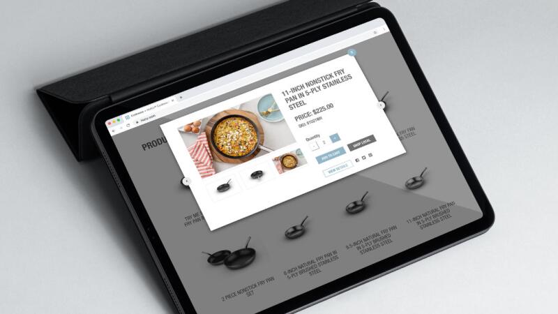 Tablet showing a NUCU cookware product page for a nonstick fry pan