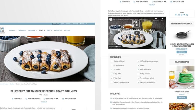 Website recipe page for blueberry cream cheese French toast roll-ups with a video