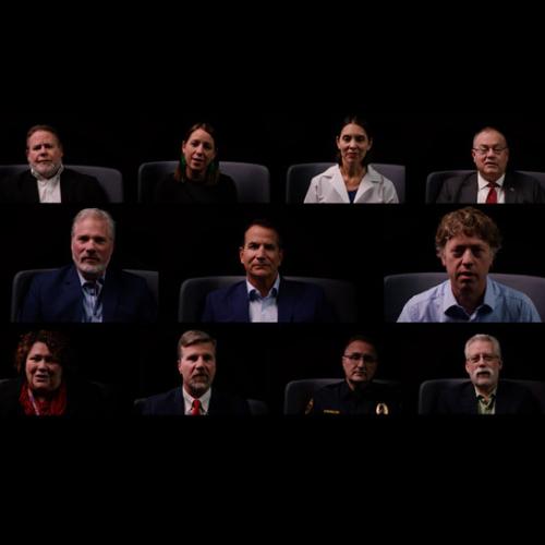 Grid of twelve video interview headshots against a dark background