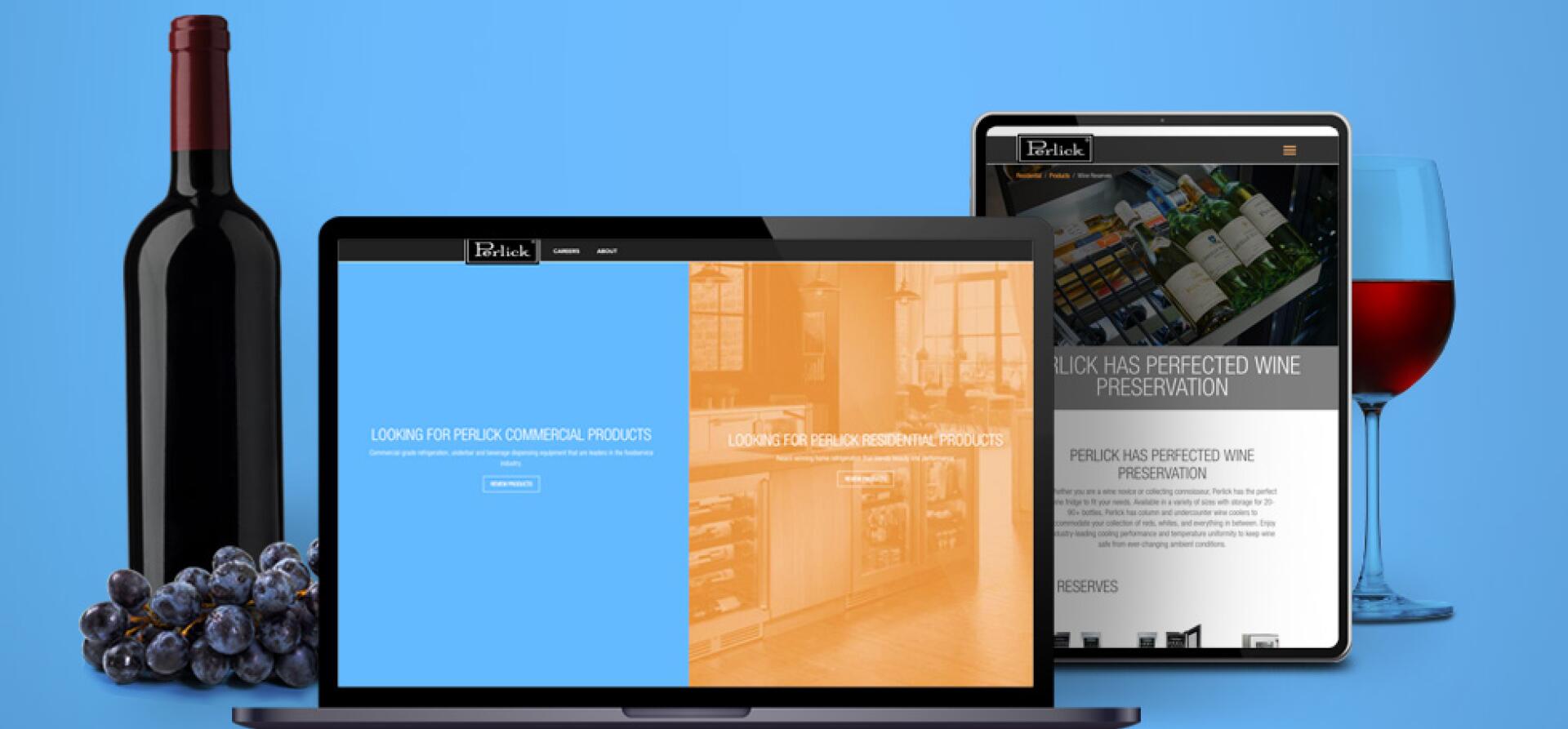 Laptop and tablet showing the Perlick website for commercial and residential products