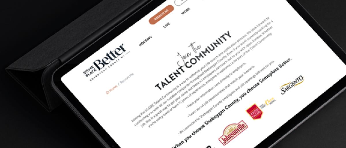 Tablet mockup of the Someplace Better talent community website