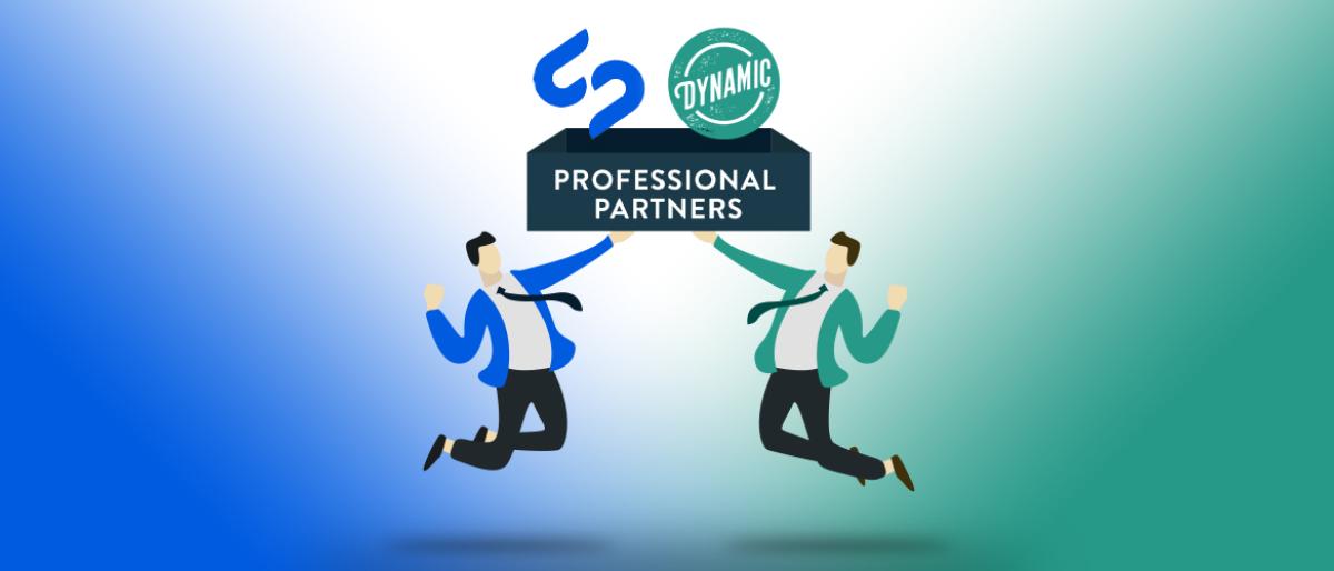 Illustration of two businessmen jumping and holding a Professional Partners banner with the Dynamic logo