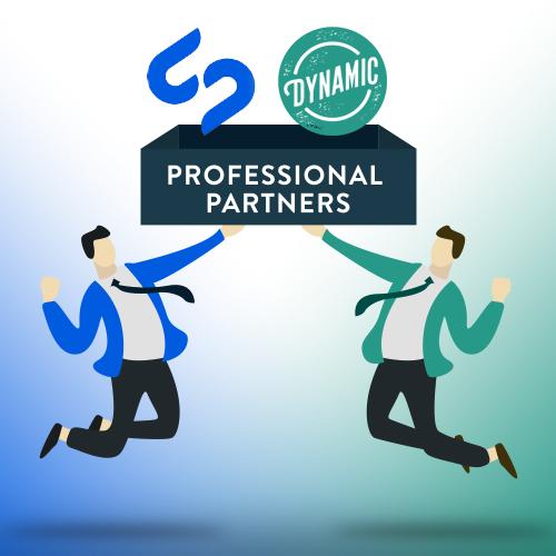 Illustration of two businessmen jumping and holding a Professional Partners banner with the Dynamic logo