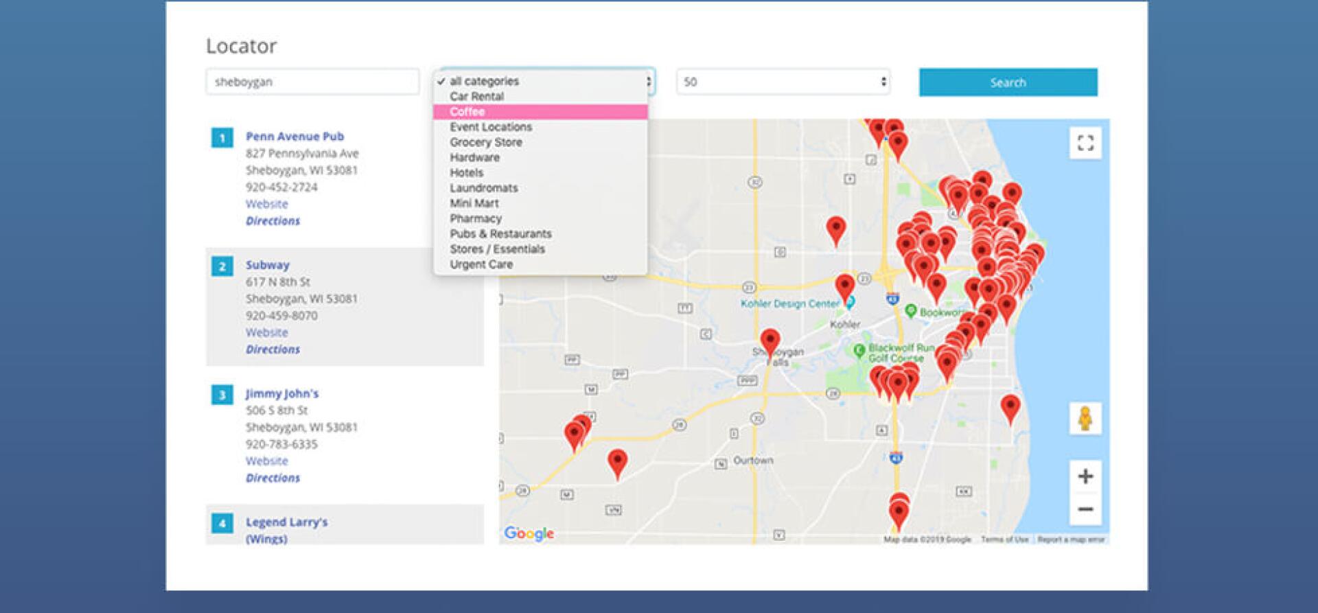 Store locator page with a category filter and map pins across southeastern Wisconsin