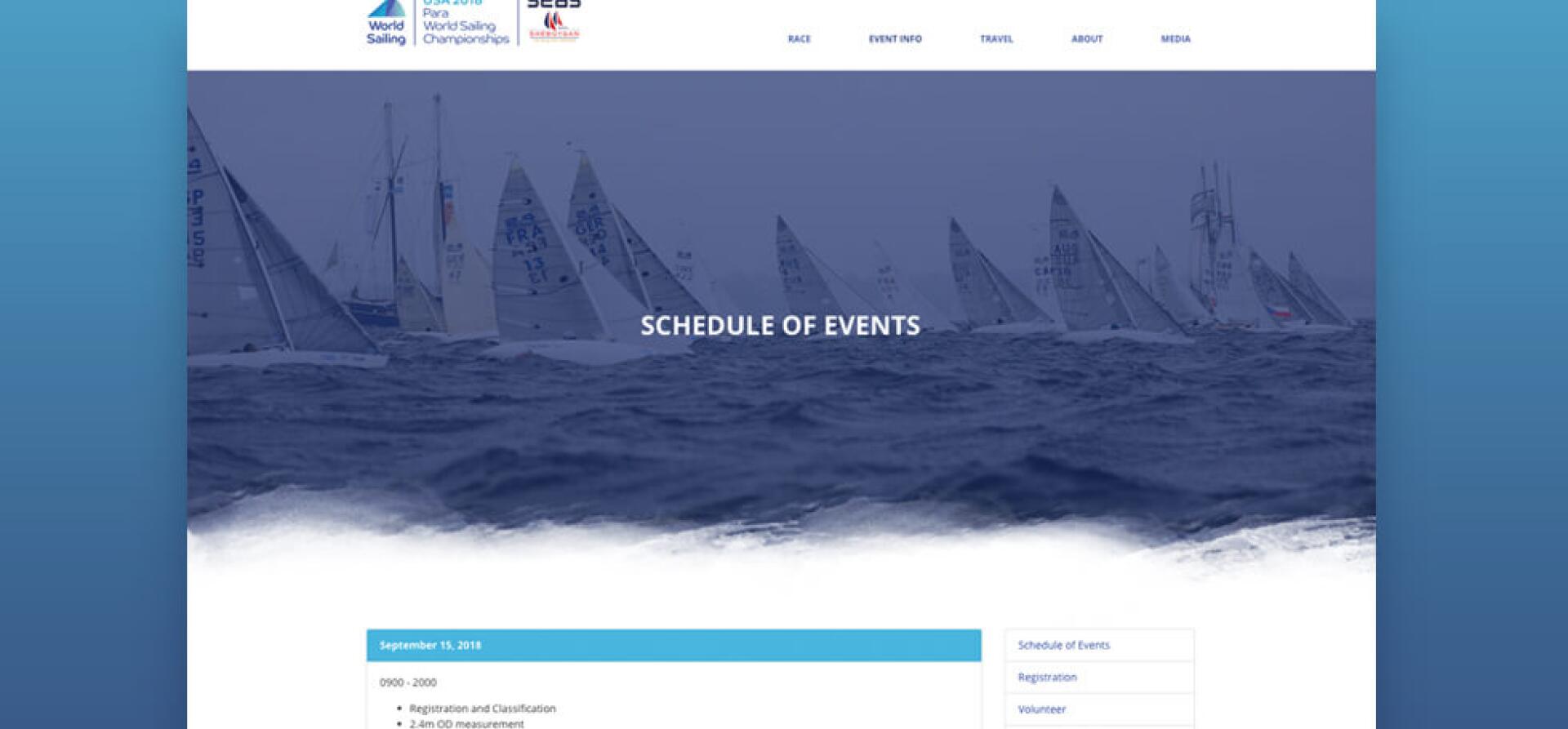 Website showing a "Schedule of Events" page for the USA 2018 Para World Sailing Championships