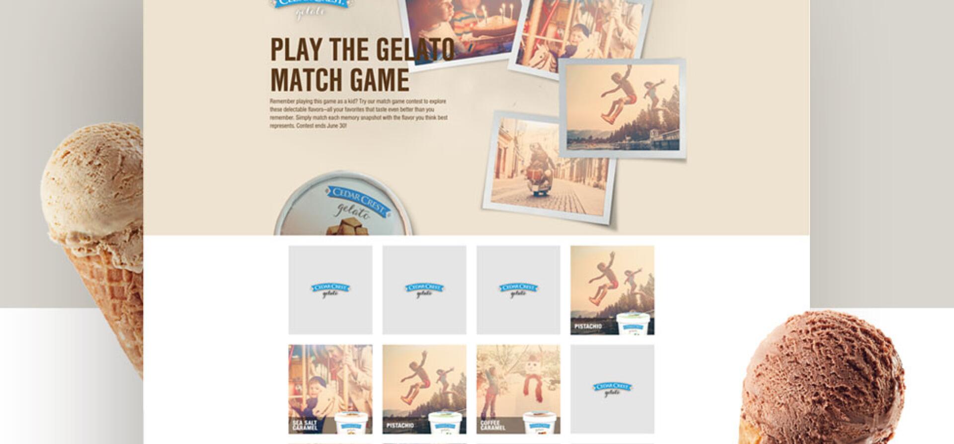 Cedar Crest Gelato website showing a "Play the Gelato Match Game" memory game