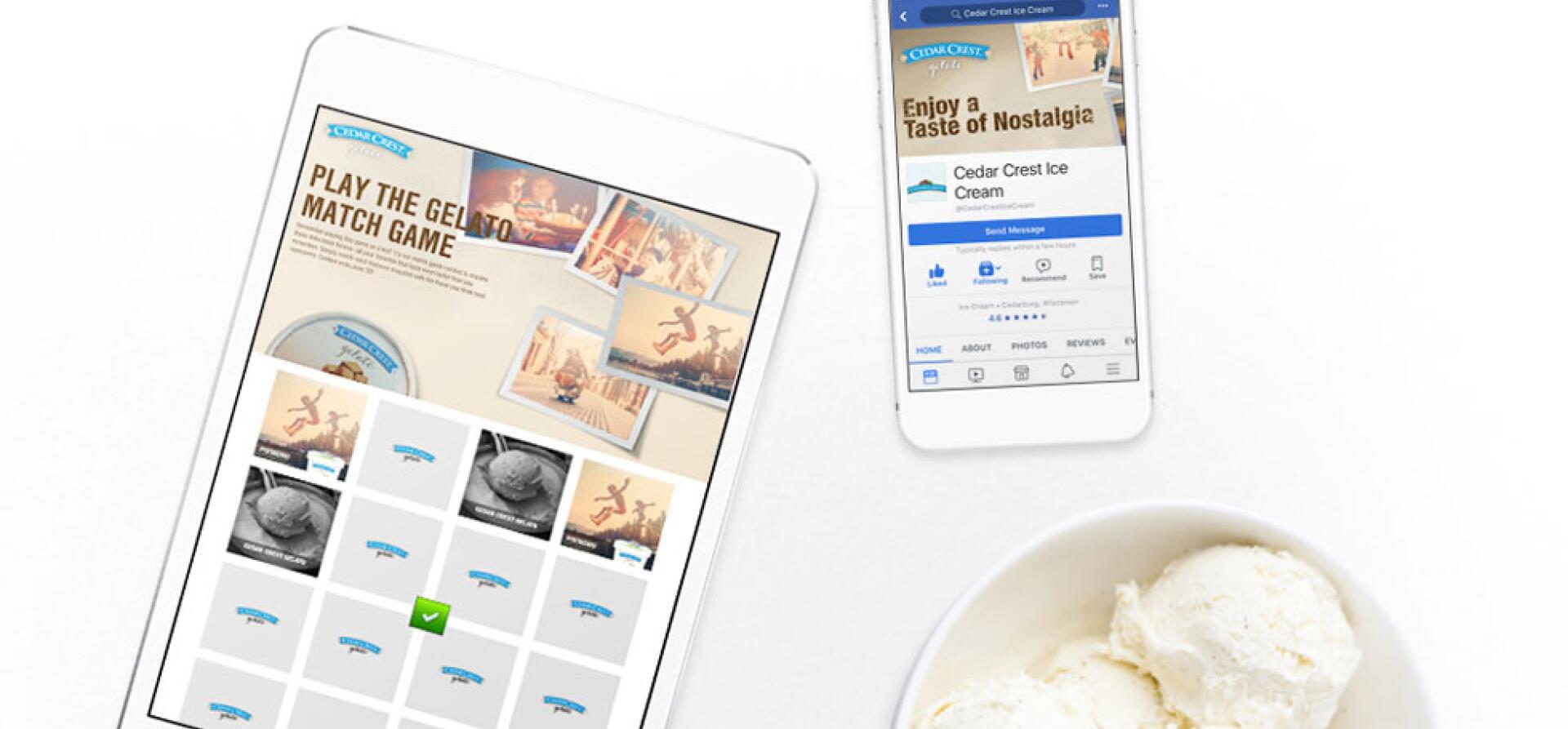 Tablet and phone showing the Cedar Crest Gelato "Play the Gelato Match Game" website and Facebook page
