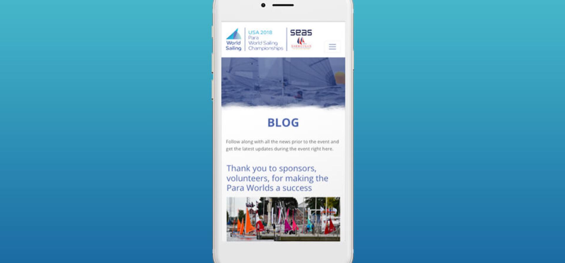 Phone showing the USA 2018 Para World Sailing Championships blog page