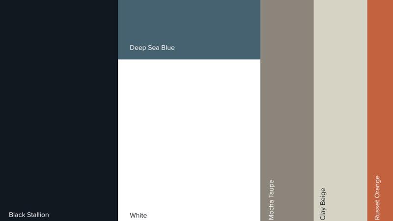 Brand color palette swatches labeled black stallion, deep sea blue, white, mocha taupe, clay beige, and russet orange