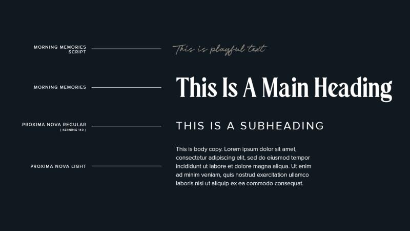 Brand typography guide showing script, heading, and body font styles