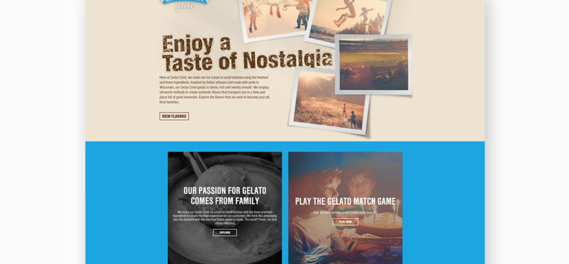 Cedar Crest Gelato website homepage with a "Taste of Nostalgia" hero and family photos