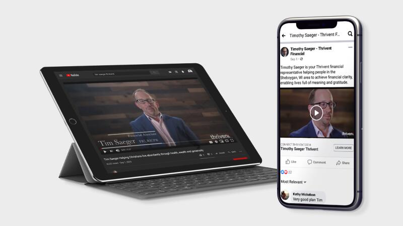 Laptop and phone showing a financial advisor's YouTube video and Facebook post
