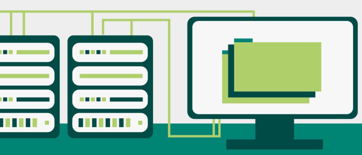 Illustration of server racks connected to a desktop monitor showing web hosting infrastructure