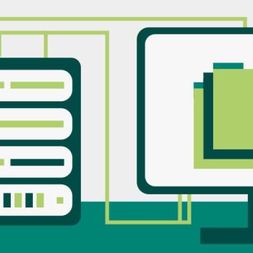 Illustration of server racks connected to a desktop monitor showing web hosting infrastructure