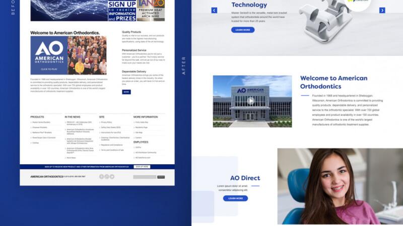 Before and after comparison of the American Orthodontics website redesign