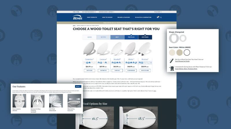 Bemis website comparison page showing wood toilet seat options and pricing