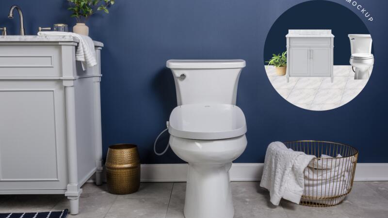 Bathroom with a bidet toilet seat next to a mockup of the same fixture on a blue tile wall