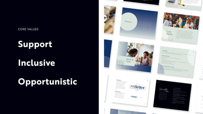 Brand style guide slide showing core values next to a grid of brand photo mockups