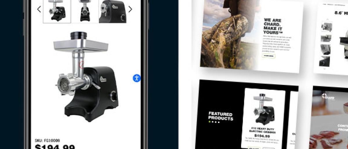 Smartphone showing an electric meat grinder product page next to slicer product catalog screenshots
