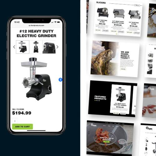 Smartphone showing an electric meat grinder product page next to slicer product catalog screenshots