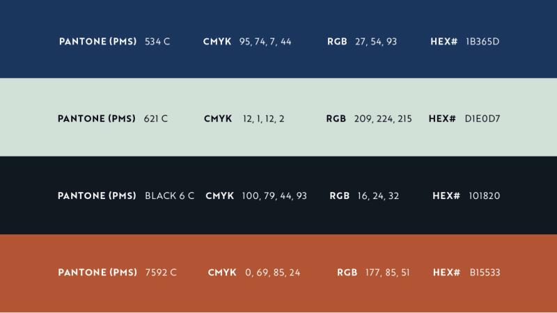 Brand color palette chart showing Pantone, CMYK, RGB, and hex values for navy, sage, black, and rust