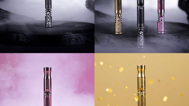 Four DynaVap vaporizer devices photographed in smoke and gold-glitter styled product shots
