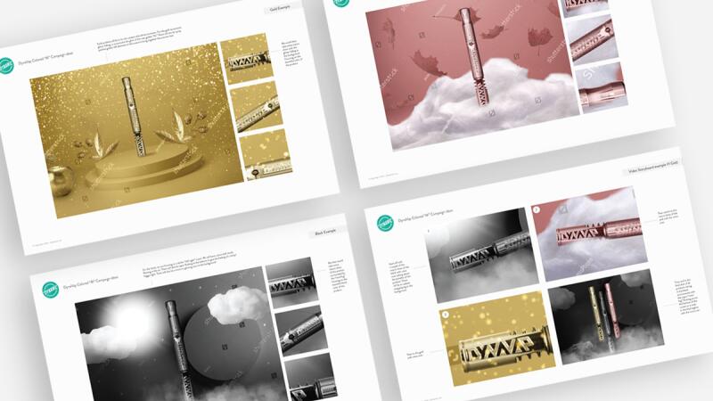Four campaign storyboard mockups for DynaVap's colored vaporizer line in gold, red, black, and pink themes