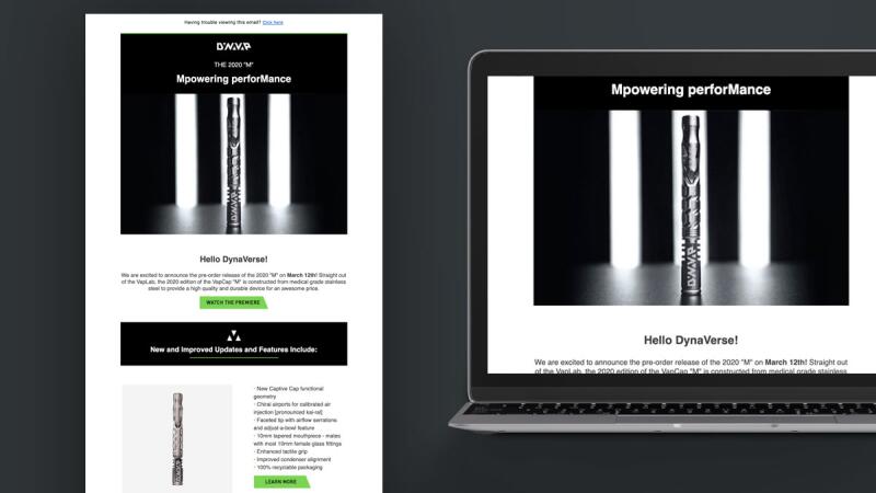 Marketing email and laptop screenshot announcing the DynaVap 2020 M vaporizer preorder