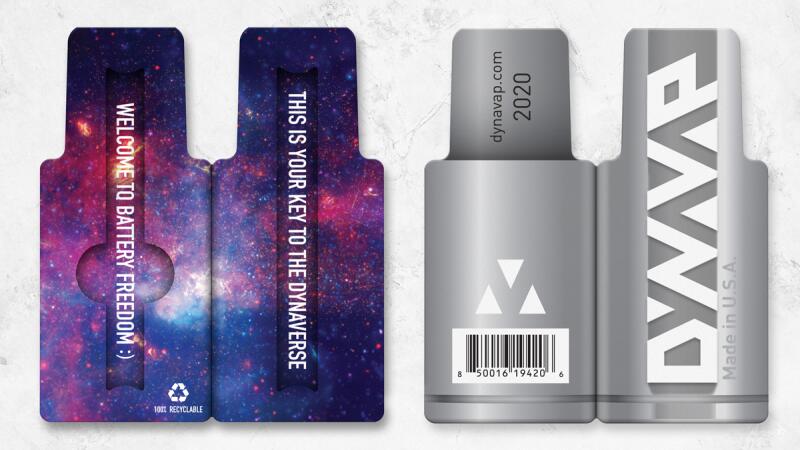 DynaVap packaging inserts with galaxy-print design and a brushed-metal cap showing the DynaVap logo