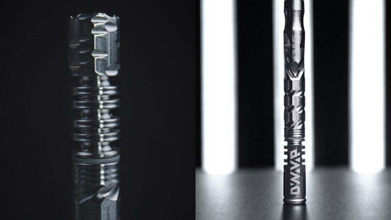 Two studio photos of a DynaVap vaporizer's textured metal tip and full pen against a striped light backdrop