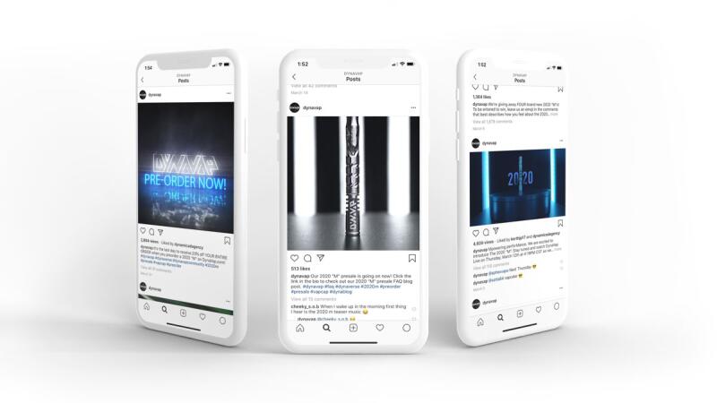 Three smartphones displaying Instagram posts promoting the DynaVap 2020 M vaporizer preorder